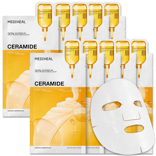 MEDIHEAL Ceramide Essential Face Mask - Moisturizing, Barrier Repair with Panthenol & Adenosine for Intense Hydration for Dry & Sensitive Skin, Face Mask for Women, Vegan, Korean Skincare (10 Sheets)