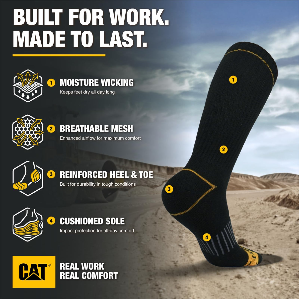 Caterpillar Men's Half Cushioned Crew Socks Pack, Black (6 Pack), X-Large