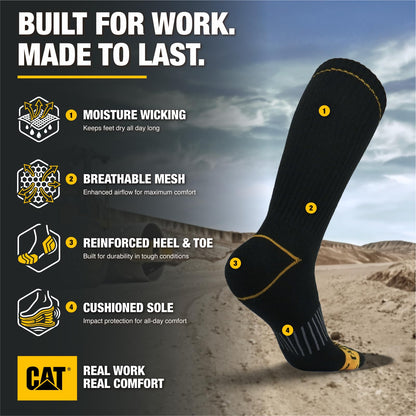 Caterpillar Men's Half Cushioned Crew Socks Pack, Black (6 Pack), X-Large