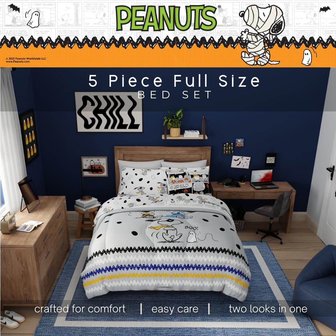 Parure de lit deux places Peanuts Halloween – Ensemble 5 pièces réversible, ultra doux et confortable, avec couette et draps à l'effigie de Snoopy et Charlie Brown (produit officiel Peanuts) par Franco