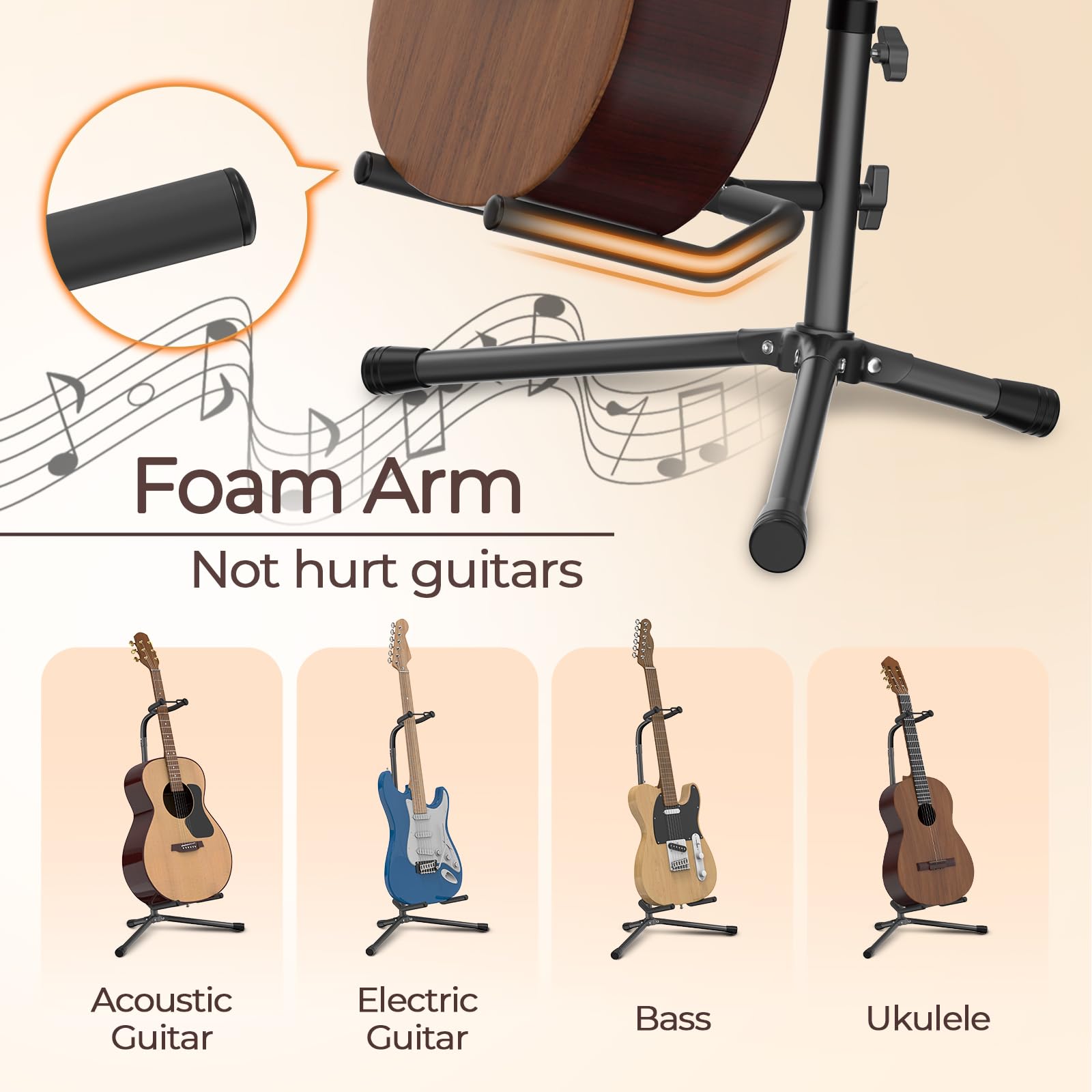 GLEAM Guitar Stand - Adjustable Fit Electric, Classical Guitars and Bass, Load Capacity 20LB, Accessories, Folding Type Black (CG-4)