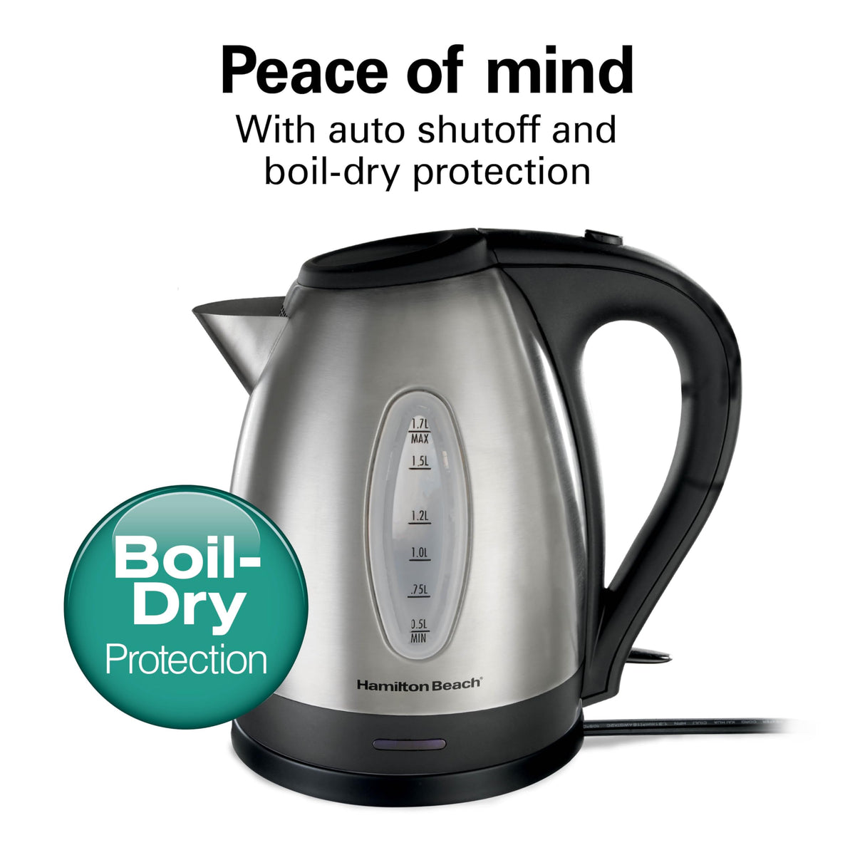 Hamilton Beach Electric Tea Kettle, Water Boiler & Heater, 1.7 Liter, Cordless Serving, 1500 Watts for Fast Boiling, Auto-Shutoff and Boil-Dry Protection, Stainless Steel (40880C)