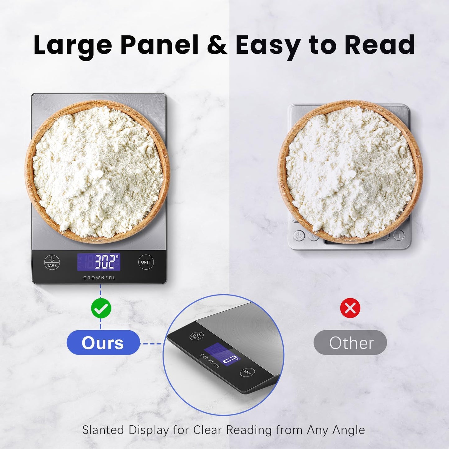 CROWNFUL Food Scale, Rechargeable 304 Stainless Steel Digital Kitchen Scale Up to 15kg/33lb Weight Grams and Ounces with LCD Display and Type-C Charging for Baking and Cooking - Available at All In One Marketplace Canada