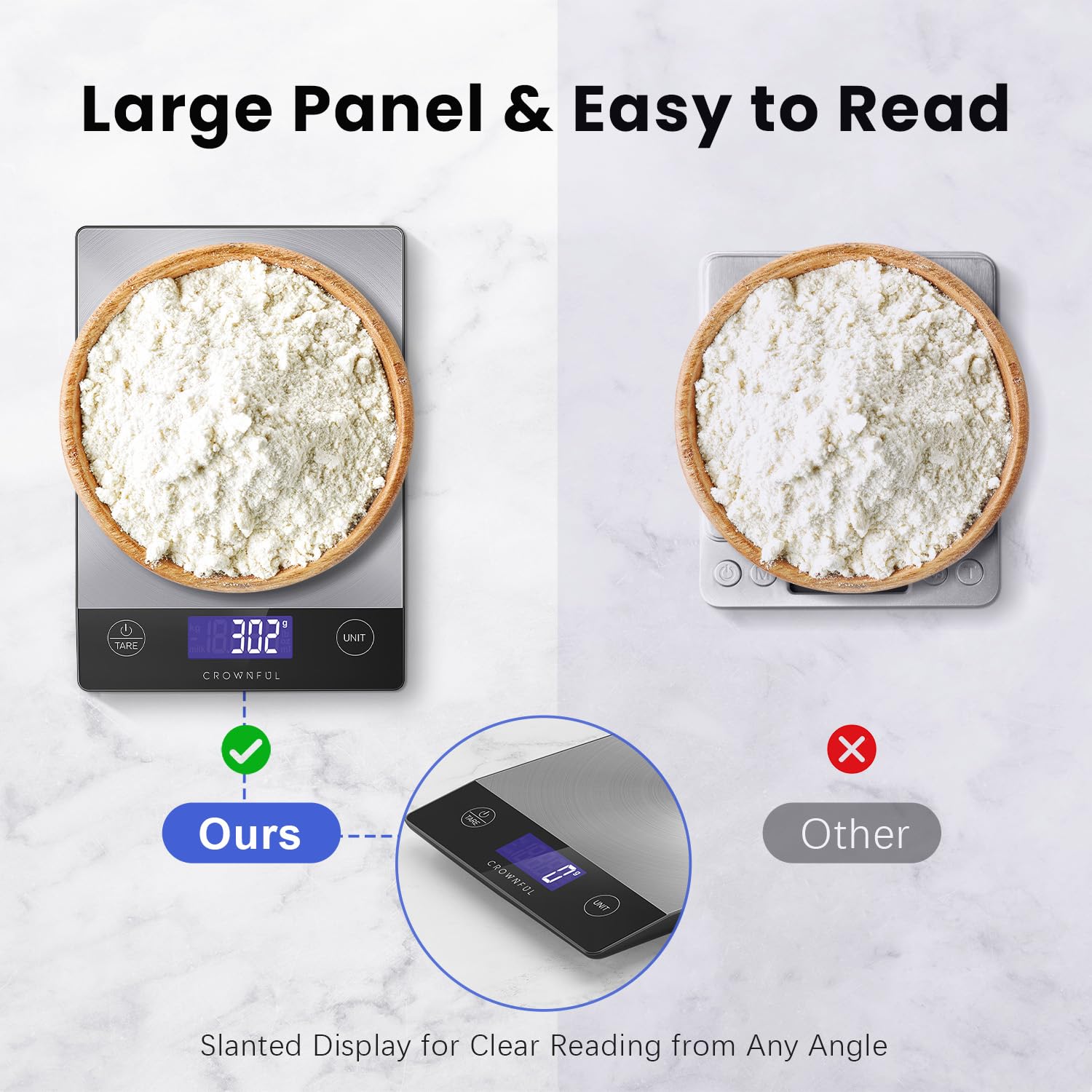 CROWNFUL Food Scale, Rechargeable 304 Stainless Steel Digital Kitchen Scale Up to 15kg/33lb Weight Grams and Ounces with LCD Display and Type-C Charging for Baking and Cooking - Available at All In One Marketplace Canada