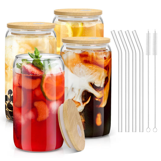 sungwoo Glass Cups with Bamboo Lids and Straws, 16OZ Ice Coffee Cup, Drinking Cup Set with Wooden Lids, Home Essential Glass Tumblers for Beer, Cocktail, Tea and Latte Clear (4) - Available at All In One Marketplace Canada