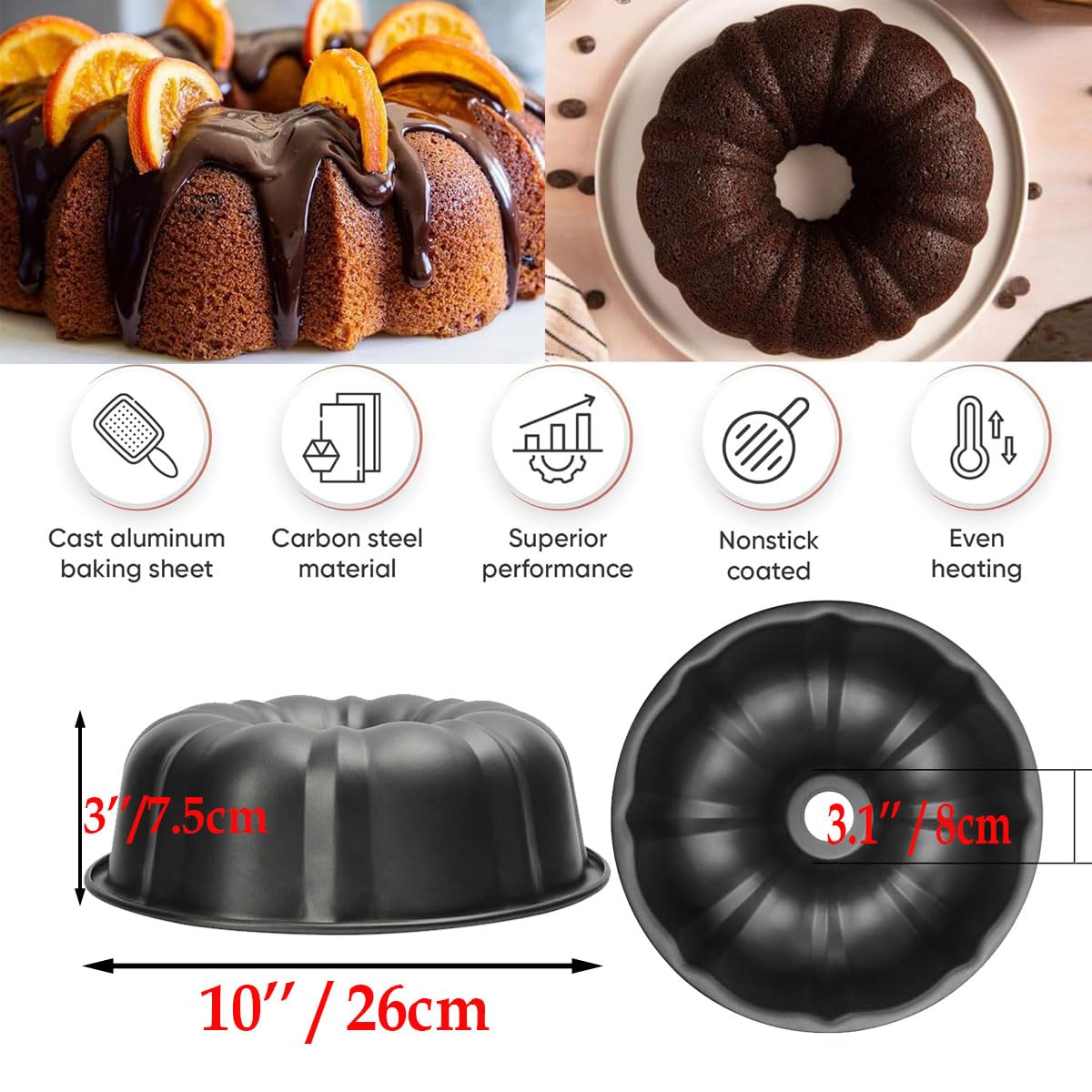 Cake Pans, 26cm/ 10'' Non-Stick Fluted Cake Pan, Heavy Duty Carbon Steel Tube Pan Baking Mold, Perfect Bakeware for Bavarois, Brownie, Jello, Flan, Meatloaf,Pudding (10'') 🍁 All In One Marketplace Canada