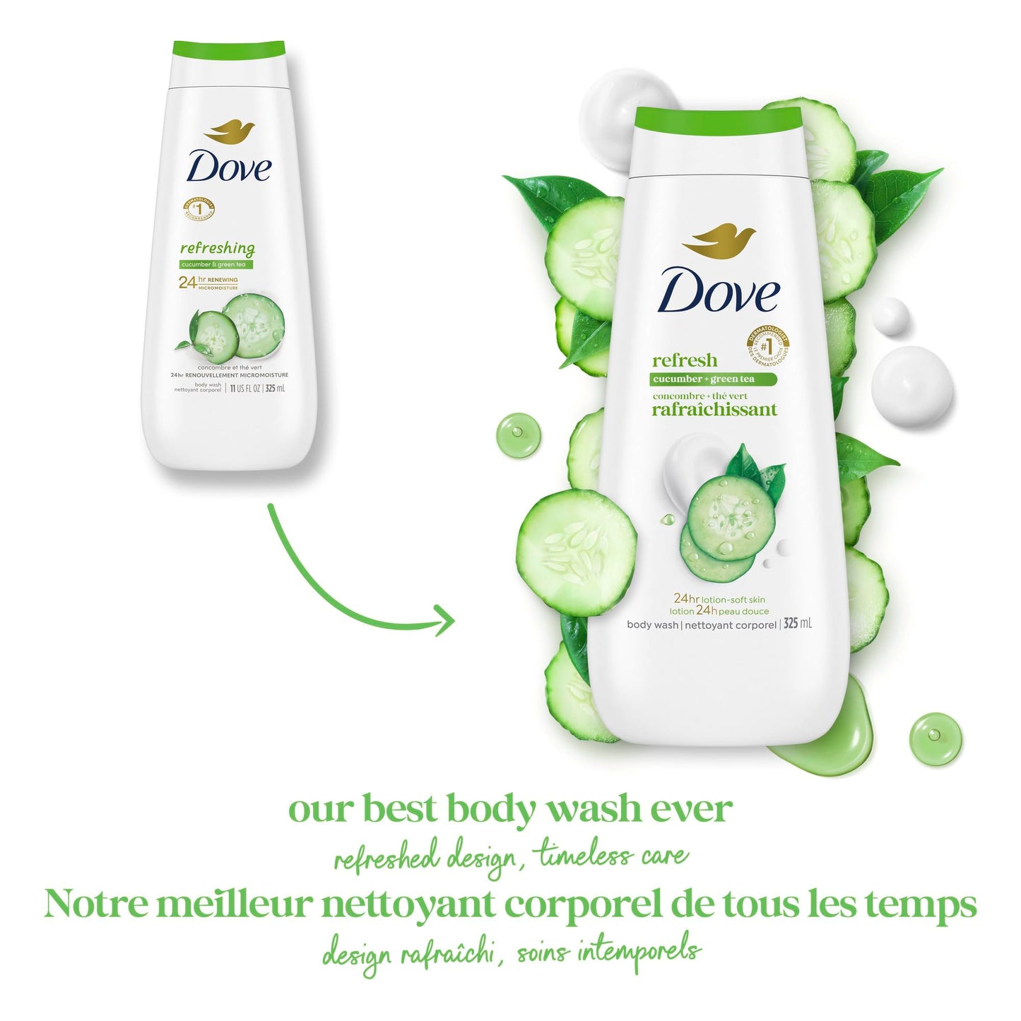 Dove Refresh Body Wash Cucumber & Green Tea 24H Freshness, 325mL, 4-Pack Dove