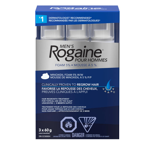 Rogaine Men's Hair Regrowth Treatment with 5% Minoxidil Foam - Clinically Tested for Male Pattern Baldness - 3-Month Supply, Quick-Dry Formula, 3x 60g Canisters