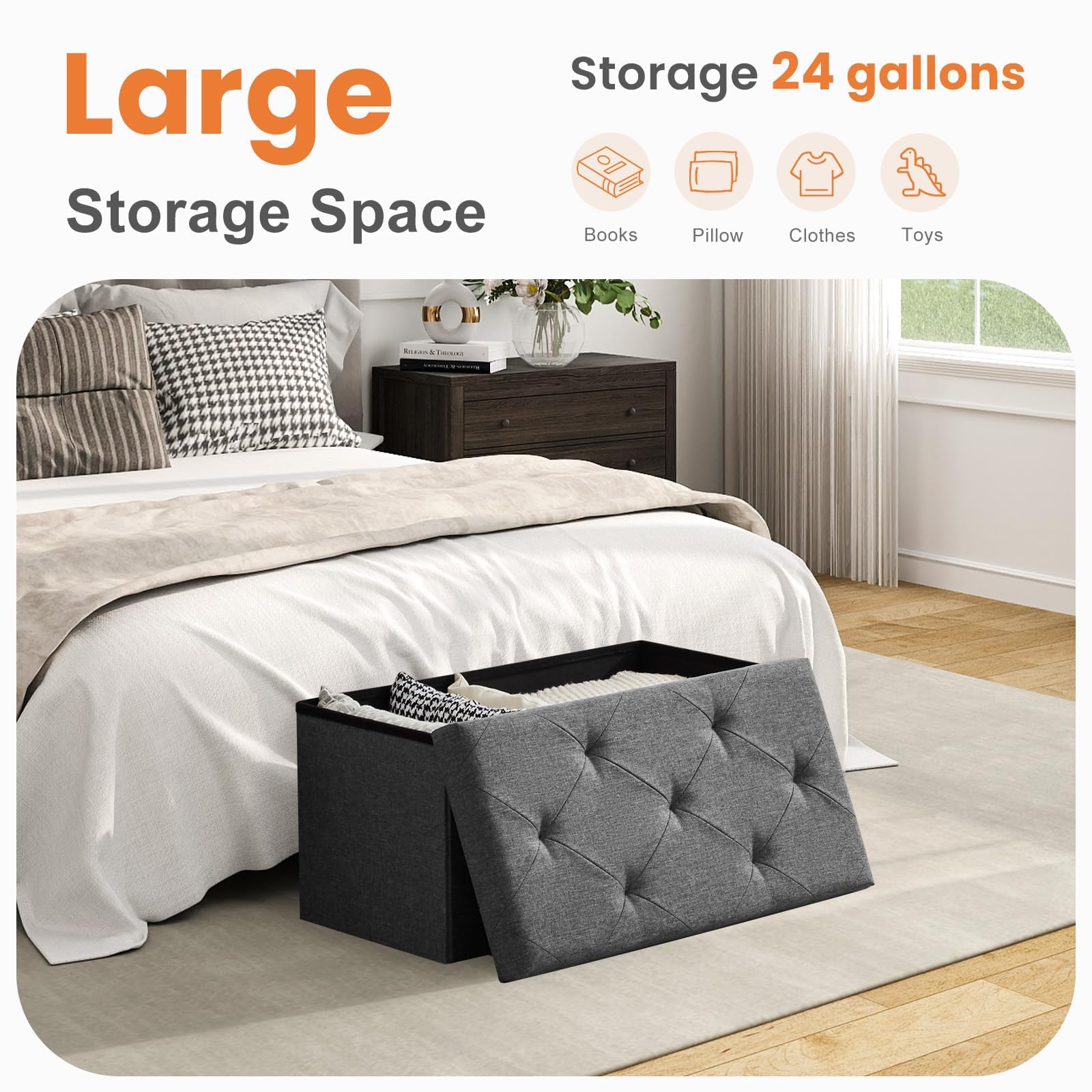 Sweetcrispy Folding Storage Ottoman Bench, Light Grey, Entryway Bench for Living Room, Ottomans with Storage for Bedroom, Heavy Duty 660 lbs Load Capacity, Linen Footrest Seat Sweetcrispy