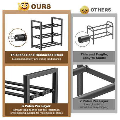 Roylvan 3-Tire Expandable Shoe Rack, 17"-31" Adjustable Stackable Free Standing Shoe Shelf Storage Fits 6-12 Pairs Shoes, Heavy Duty Reinforced Metal Shoes Organizer for Closet Entryway Doorway Dorm - Available at All In One Marketplace Canada