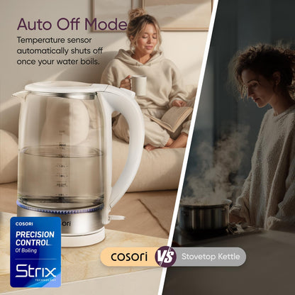 Cosori Glass Electric Kettle 1500W, Plastic-Free, 1.7L, Cordless, White