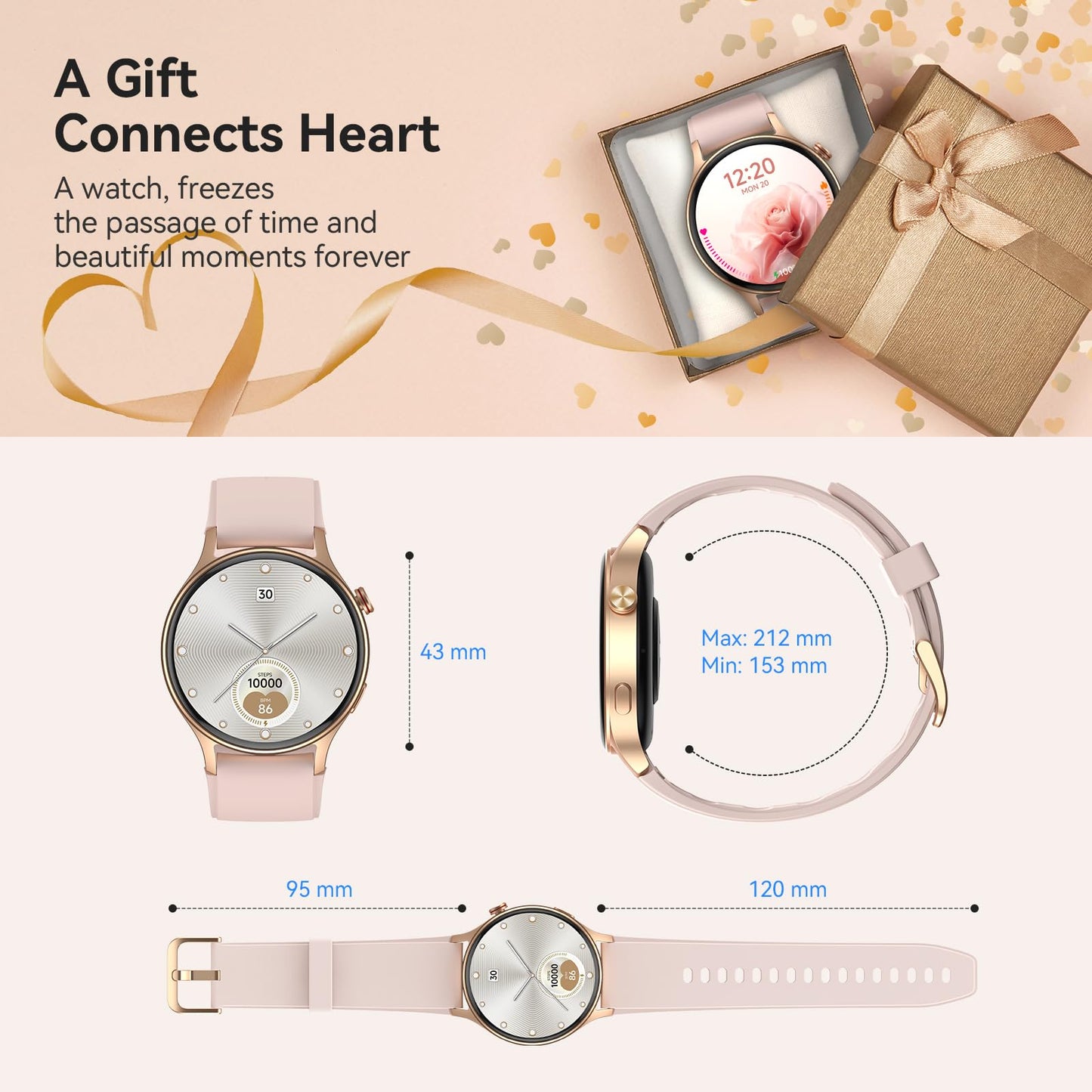aeac Smart Watch for Women, AMOLED Ultra-Clear Screen Activity Trackers with Heart Rate/Sleep/SpO2 Monitor, Waterproof Fitness Smartwatch for iPhone/Samsung/Android（Pink Gold）