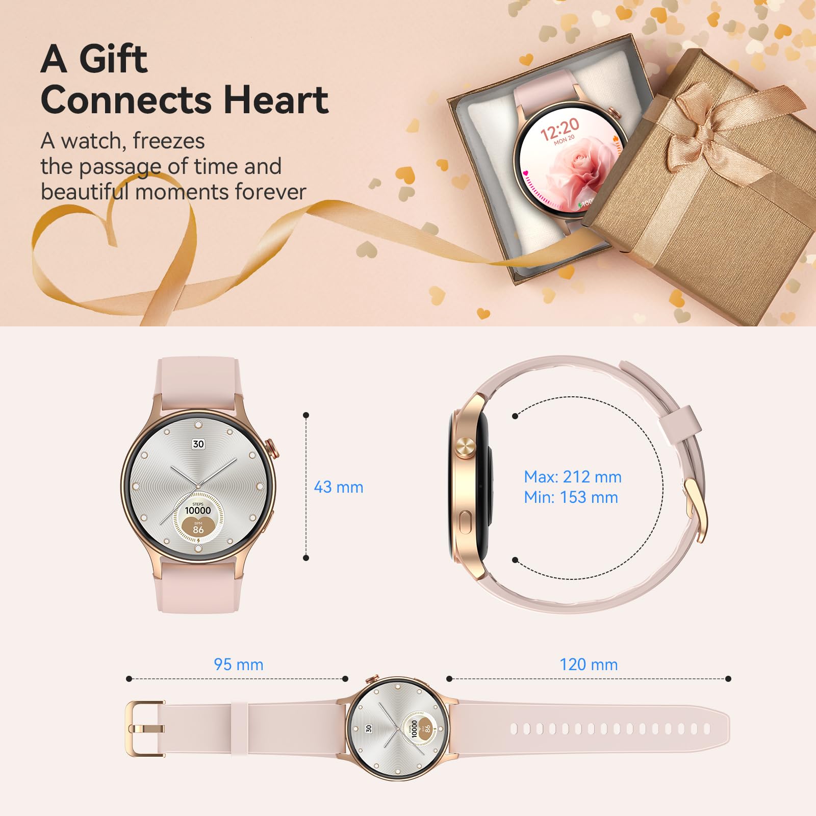 aeac Smart Watch for Women, AMOLED Ultra-Clear Screen Activity Trackers with Heart Rate/Sleep/SpO2 Monitor, Waterproof Fitness Smartwatch for iPhone/Samsung/Android（Pink Gold）