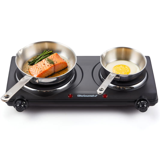 Elite Gourmet EDB-302BF# Countertop Double Cast Iron Burner, 1500 Watts Electric Hot Plate, Temperature Controls, Power Indicator Lights, Easy to Clean, Black - Available at All In One Marketplace Canada