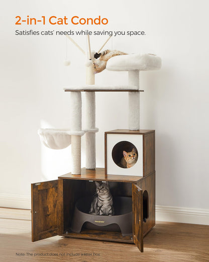 Feandrea WoodyWonders Cat Tree with Litter Box Furniture Hidden Enclosure, 2-in-1 Modern Tower, Cat Condo with Scratching Posts, Removable Pompom Sticks, Rustic Brown UPCT113X01