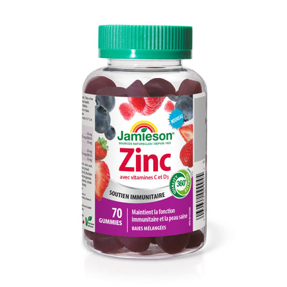 Jamieson Zinc 15 mg, 70 Gummies, Mixed Berry Flavour. With 50 mg Vitamin C and 400 IU Vitamin D3, Supports Immune Health, Bone Health, Healthy Hair, Skin, Nails. Vegetarian - Available at All In One Marketplace Canada