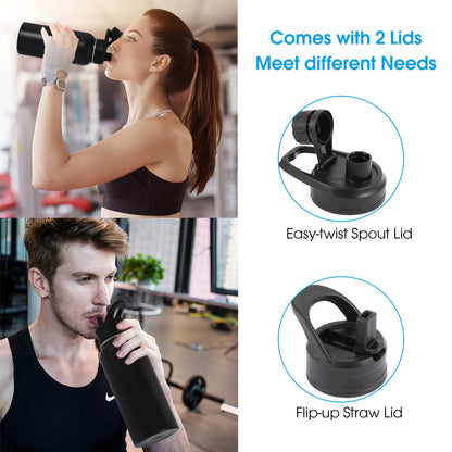 Insulated Water Bottle, 32oz Vacuum Stainless Steel Metal Sports Water Bottles with Stickers, Straw & Spout Lid (2 Lids), Double Walled to Keeps Hot and Cold, Leak Proof, BPA-Free, 32oz (Black) - Available at All In One Marketplace Canada