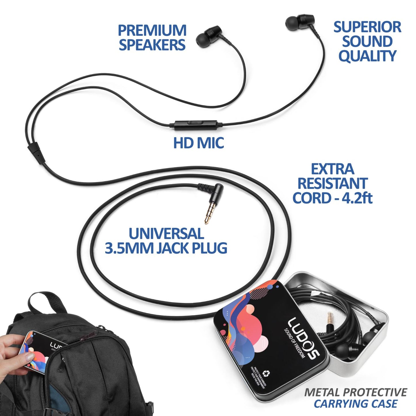 LUDOS OMNITONE Wired Earbuds in-Ear Headphones, Earphones with Microphone, 5 Years Warranty, Noise Isolation Corded for 3.5mm Jack Ear Buds for iPhone, iPad, Samsung, Computer, Laptop, Gaming, Sports