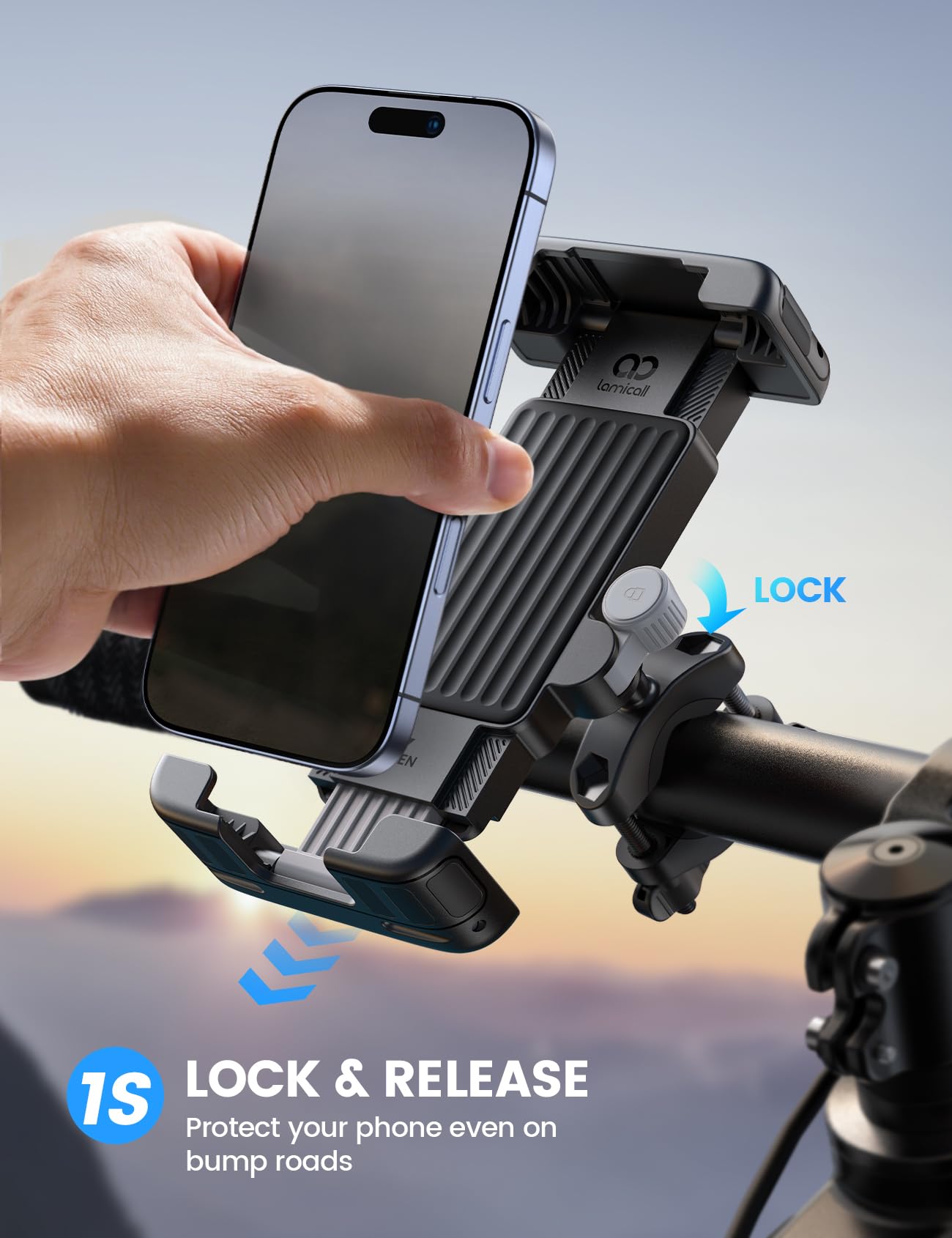 Lamicall Bike Motorcycle Phone Mount - [1s Quick Lock] Bike Phone Holder Clip, [Stable Handlebar Clamp] Bicycle Scooter Handlebar Clamp for iPhone 16 17 Pro Max Plus Air, S26 Ultra All Large