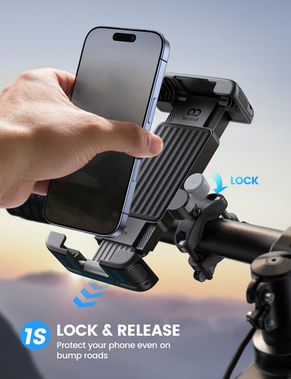 Lamicall Bike Motorcycle Phone Mount - [1s Quick Lock] Bike Phone Holder Clip, [Stable Handlebar Clamp] Bicycle Scooter Handlebar Clamp for iPhone 16 17 Pro Max Plus Air, S26 Ultra All Large