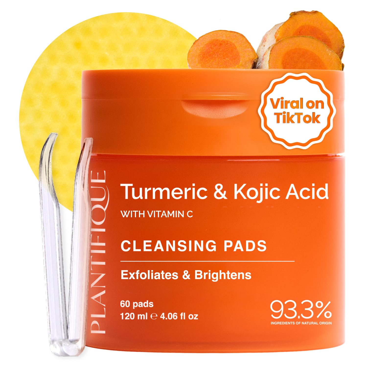 PLANTIFIQUE Kojic Acid and Turmeric Cleansing Pads - Lab-Tested - 60 Exfoliating Pads with Ceramides, Niacinamide & Vitamin C for Dark Spots & Uneven Skin Tone - Available at All In One Marketplace Canada