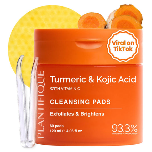 PLANTIFIQUE Kojic Acid and Turmeric Cleansing Pads - Lab-Tested - 60 Exfoliating Pads with Ceramides, Niacinamide & Vitamin C for Dark Spots & Uneven Skin Tone - Available at All In One Marketplace Canada