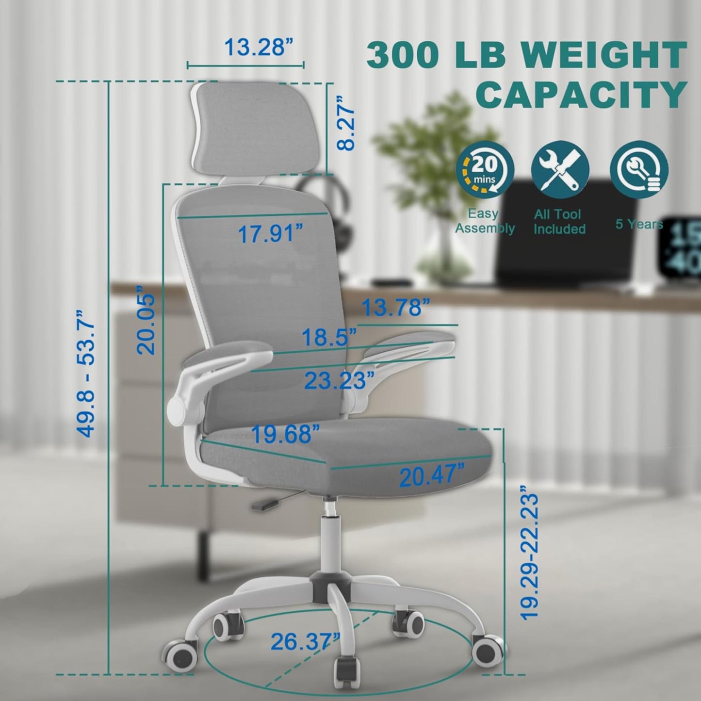 Mimoglad Office Chair, Comfy Desk Chair - High Back Ergonomic Computer Chair with Adjustable Lumbar Support & Headrest, Flip-up Armrests for Guitar Playing (Moon Grey)