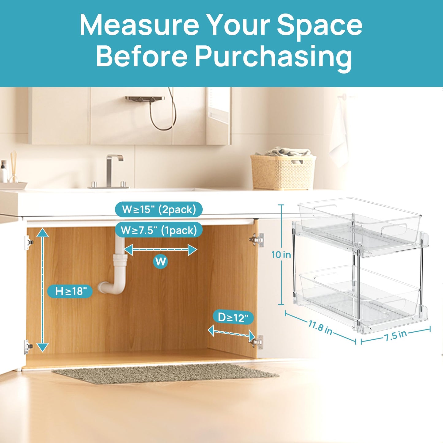 2 Tier Bathroom Storage Organizer, Vtopmart 4 Pack Clear Under Sink Organizers Vanity Counter Storage Container, Medicine Cabinet Drawers Bins, Pull-Out Organization with Track for Pantry, Kitchen