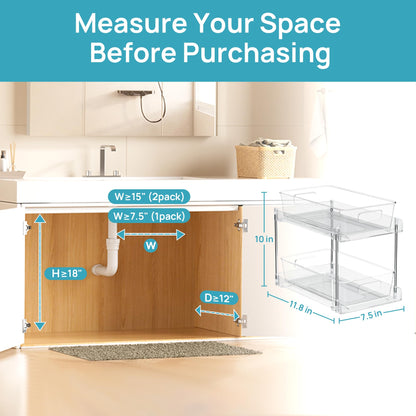 2 Tier Bathroom Storage Organizer, Vtopmart 4 Pack Clear Under Sink Organizers Vanity Counter Storage Container, Medicine Cabinet Drawers Bins, Pull-Out Organization with Track for Pantry, Kitchen