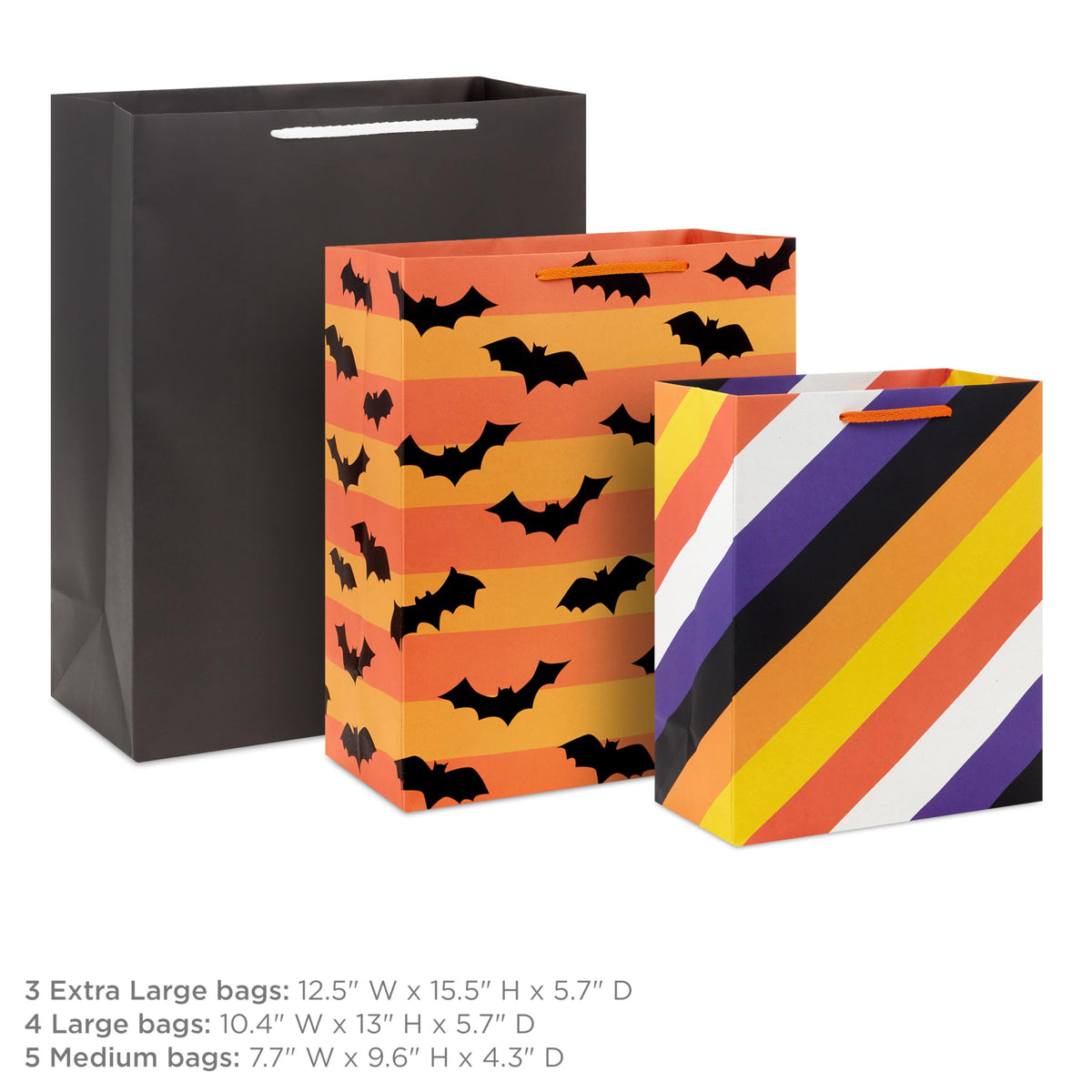 Sacs cadeaux assortis Hallmark pour Halloween en gros - Noir, orange et violet (12 sacs : 5 moyens de 23 cm, 4 grands de 33 cm, 3 très grands de 38 cm) à rayures, pois et unis pour enfants, enseignants, anniversaires