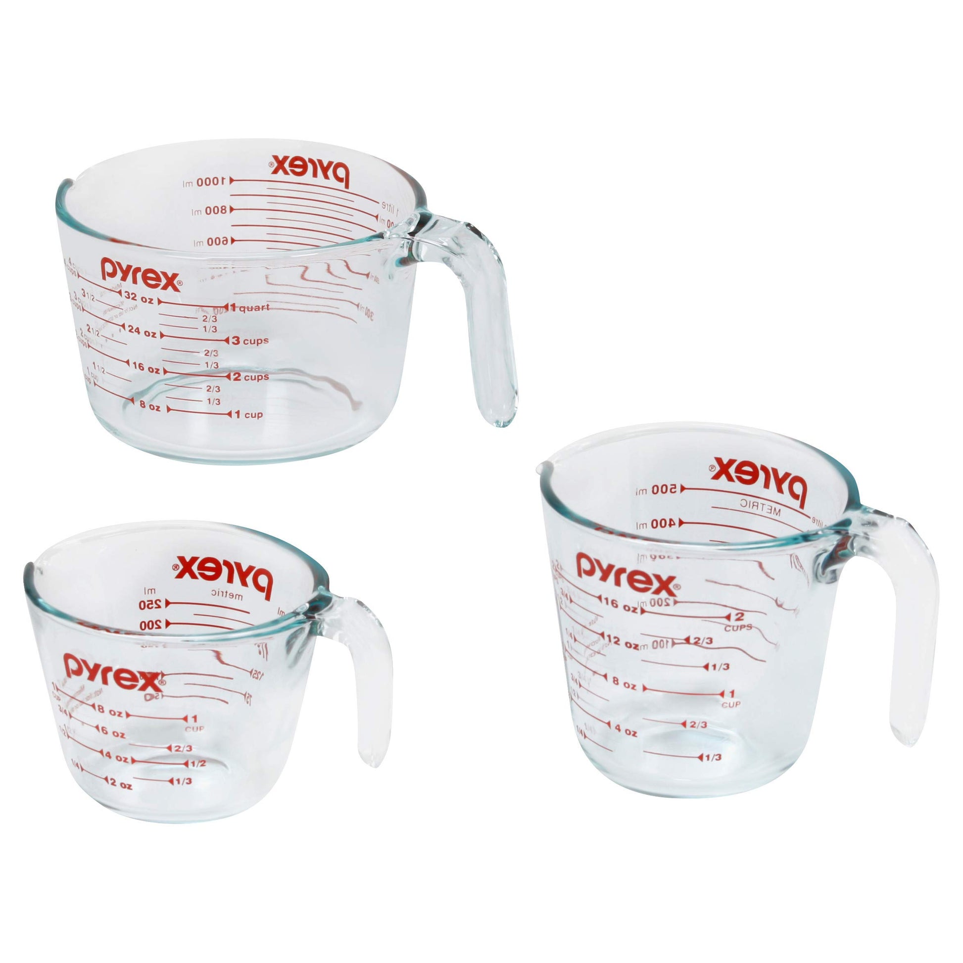 Pyrex 3 Piece Glass Measuring Cup Set, Includes 1-Cup, 2-Cup, and 4-Cup Tempered Glass Liquid Measuring Cups, Dishwasher, Freezer, Microwave, and Preheated Oven Safe, Essential Kitchen Tools - Available at All In One Marketplace Canada