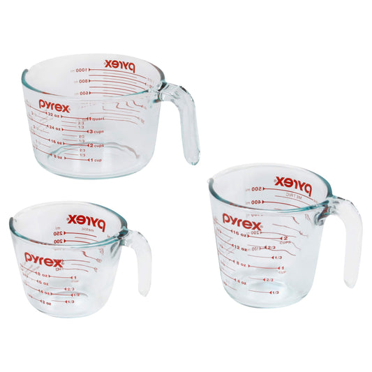 Pyrex 3 Piece Glass Measuring Cup Set, Includes 1-Cup, 2-Cup, and 4-Cup Tempered Glass Liquid Measuring Cups, Dishwasher, Freezer, Microwave, and Preheated Oven Safe, Essential Kitchen Tools - Available at All In One Marketplace Canada