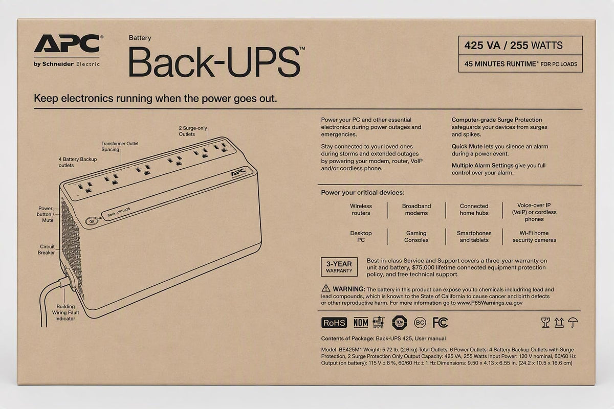 APC UPS Battery Backup Surge Protector, 425VA Backup Battery Power Supply, BE425M