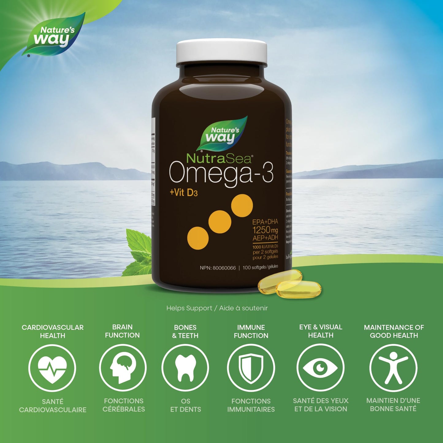 Nature's Way NutraSea Omega-3 and Vitamin D Soft Gels - Fish Oil Supplement with EPA and DHA – Helps Support the Maintenance of Good Health – Mint Flavour, 100 Softgels Nature's Way