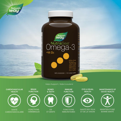 Nature's Way NutraSea Omega-3 and Vitamin D Soft Gels - Fish Oil Supplement with EPA and DHA – Helps Support the Maintenance of Good Health – Mint Flavour, 100 Softgels Nature's Way
