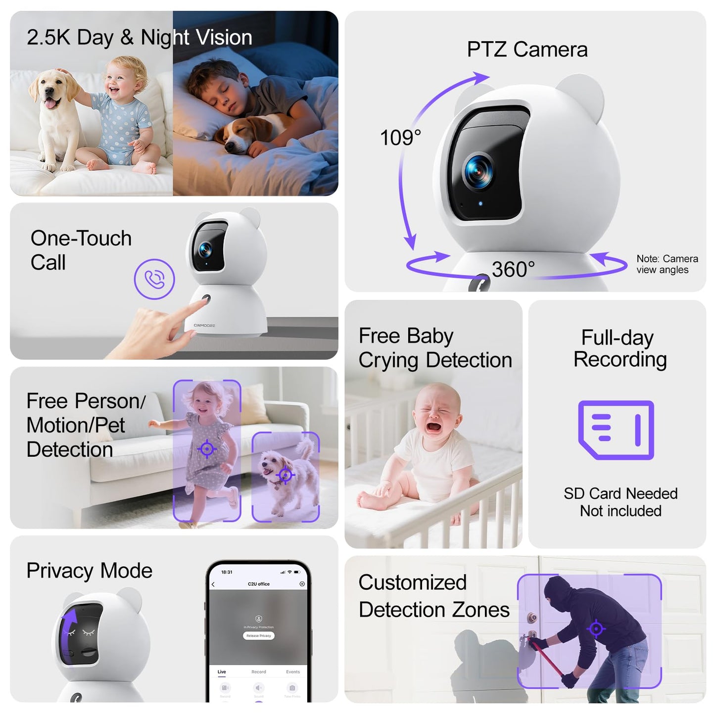 CINMOORE 2.5K Camera Surveillance Interieur, Indoor Security Cam, Free AI Pet/Person/Cry Detection, 4MP Pet Camera with Phone App Pan Tilt 2.4GHz WiFi, Night Vision, Full Duplex Audio