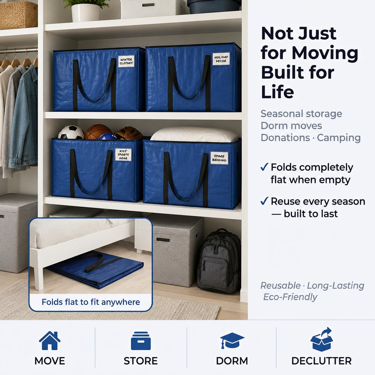 ClearSpace Heavy Duty Moving Bags or Storage Bag, 8 Pack – Large Moving Boxes with Backpack Straps, Zippers & Handles – Perfect for College Dorm, Traveling, Camping, Christmas Decorations