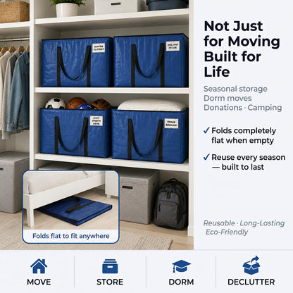 ClearSpace Heavy Duty Storage Bag - Large Moving Boxes with Backpack Straps, Zippers & Handles - Perfect for Traveling, Camping, Christmas Decorations, 4 Pack