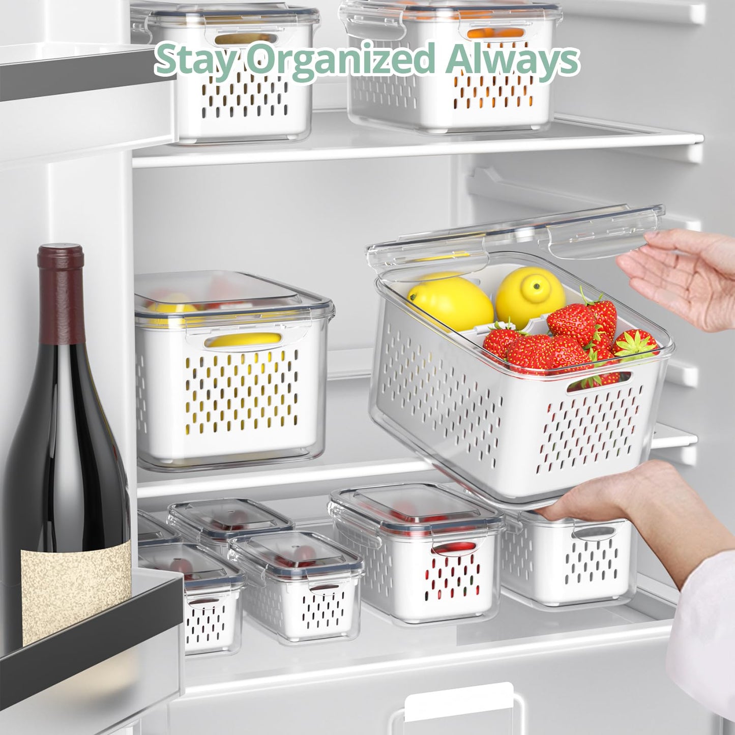 Fruit Storage Containers for Fridge with Removable Colander, 8 Pack Fruit Containers for Fridge with 2 Function Divider Plate, Airtight Storage Container to Keep Berry Fruit Fresh, Dishwasher Safe - Available at All In One Marketplace Canada