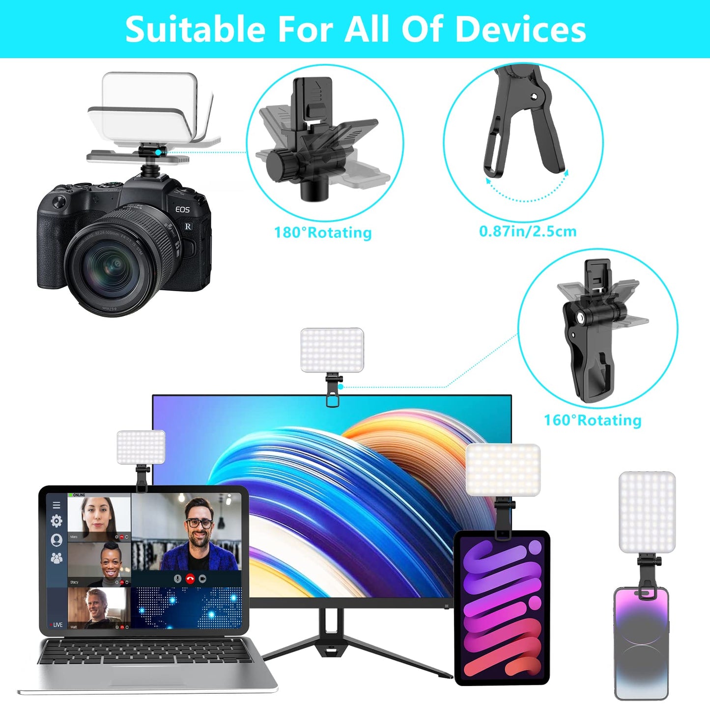 Anautin Selfie Light, 60 LED 2200mAh Rechargeable Clip Fill Video Light (Black)