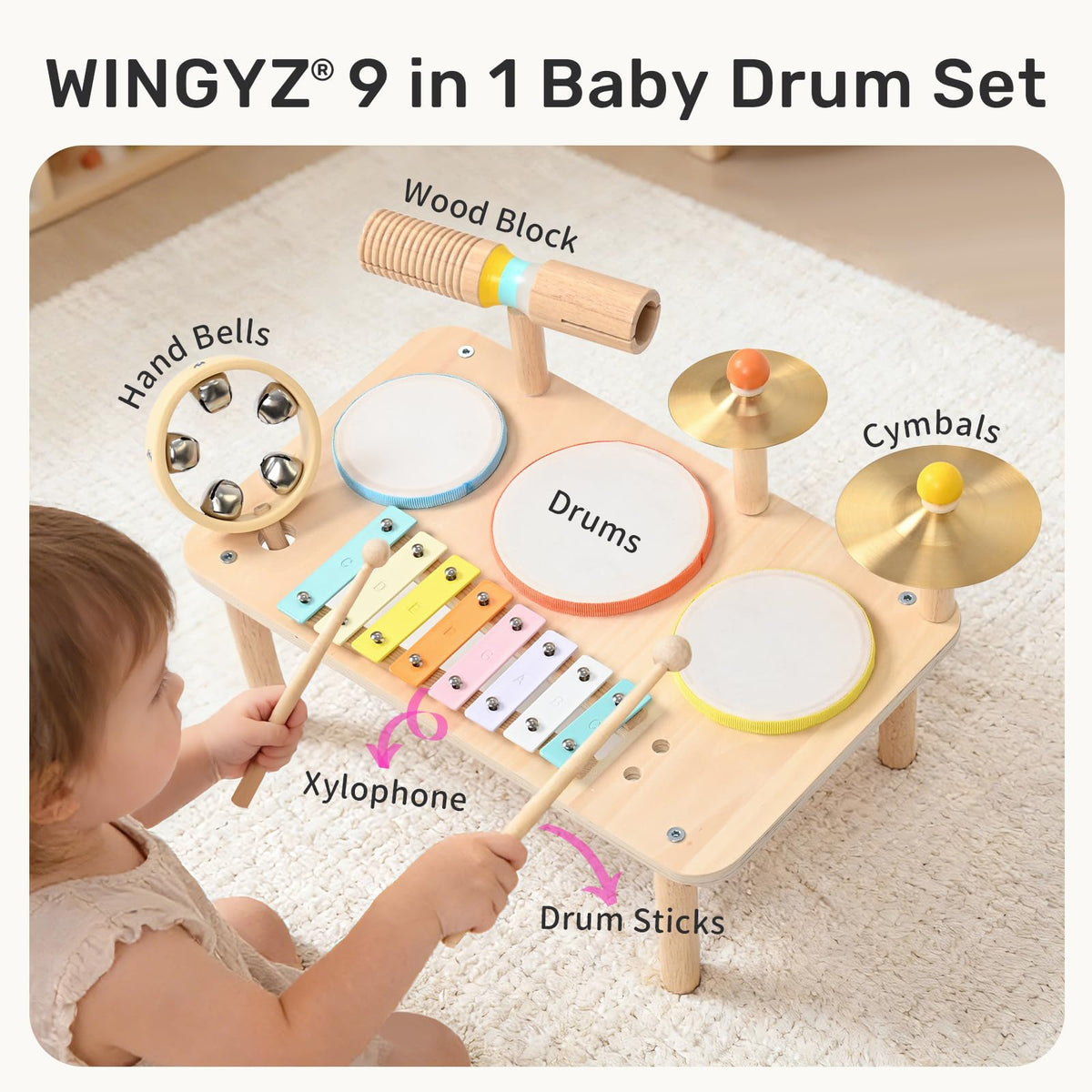 WINGYZ Kids Drum Set, 9-in-1 Wooden Musical Instruments with Xylophone 🍁 All In One Marketplace Canada