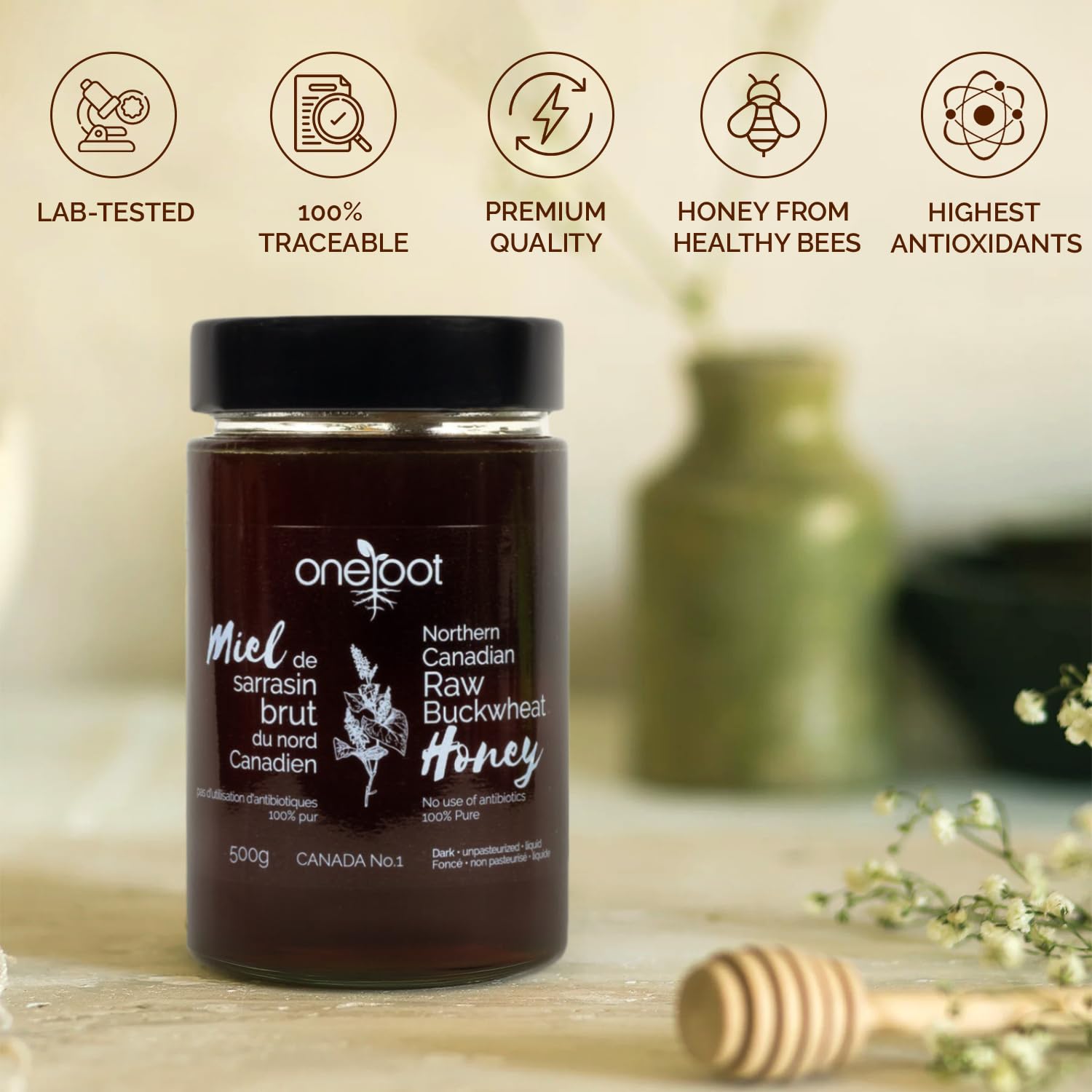 ONEROOT Canadian Raw Buckwheat Honey | Northern Ontario Harvest | Unpasteurized & Pure - Rich Antioxidant Content Exceeds Manuka | Certified Kosher (500g)