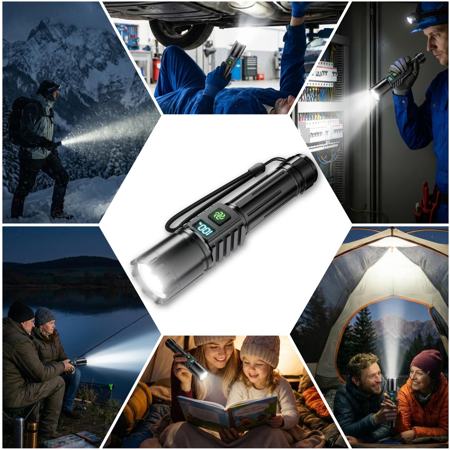 Rechargeable Flashlight 2 Pack, 990000 High Lumens LED Flash Light, Brightest Zoomable Lampe with LCD Digital Display, 5Modes Super Bright Flashlights, Powerful Tactical Flashlight for Outdoor, Gift - Available at All In One Marketplace Canada