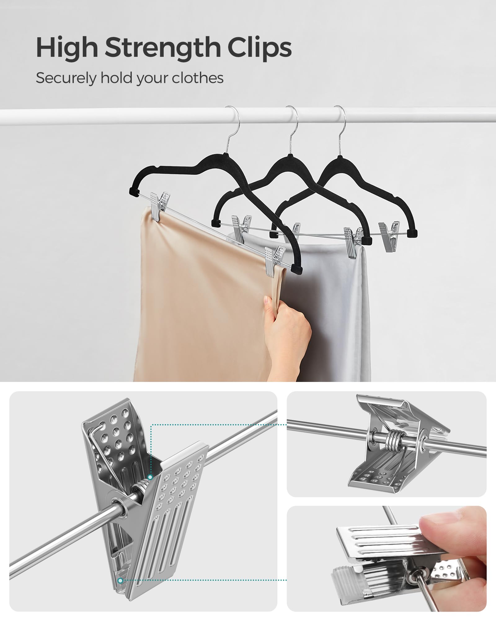 SONGMICS 30-Pack Pants Hangers, 42.5 cm Long Velvet Trousers Hangers with Adjustable Clips, Heavy-Duty, Non-Slip, Space-Saving for Pants, Skirts, Coats, Dresses, Tank Tops, Black UCRF12B30 SONGMICS