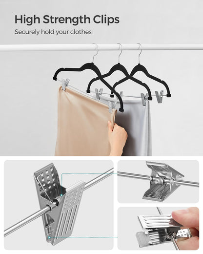 SONGMICS 30-Pack Pants Hangers, 42.5 cm Long Velvet Trousers Hangers with Adjustable Clips, Heavy-Duty, Non-Slip, Space-Saving for Pants, Skirts, Coats, Dresses, Tank Tops, Black UCRF12B30 SONGMICS