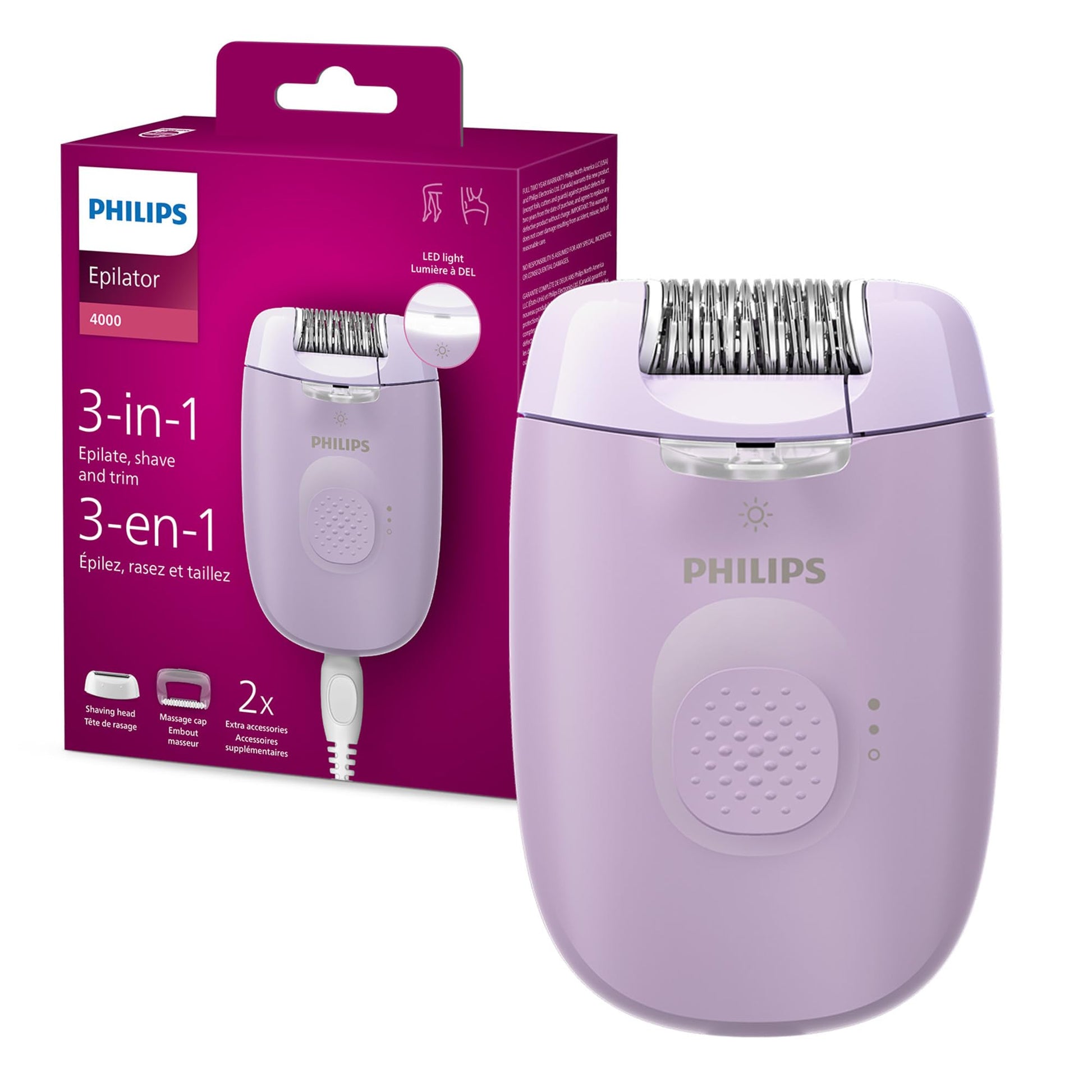 Philips Epilator Series 4000, 3-in-1 with Shaver and Trimming Attachments for Women, LED Light, 2 Speed Settings, 4 Accessories, BRE257/04 - Available at All In One Marketplace Canada