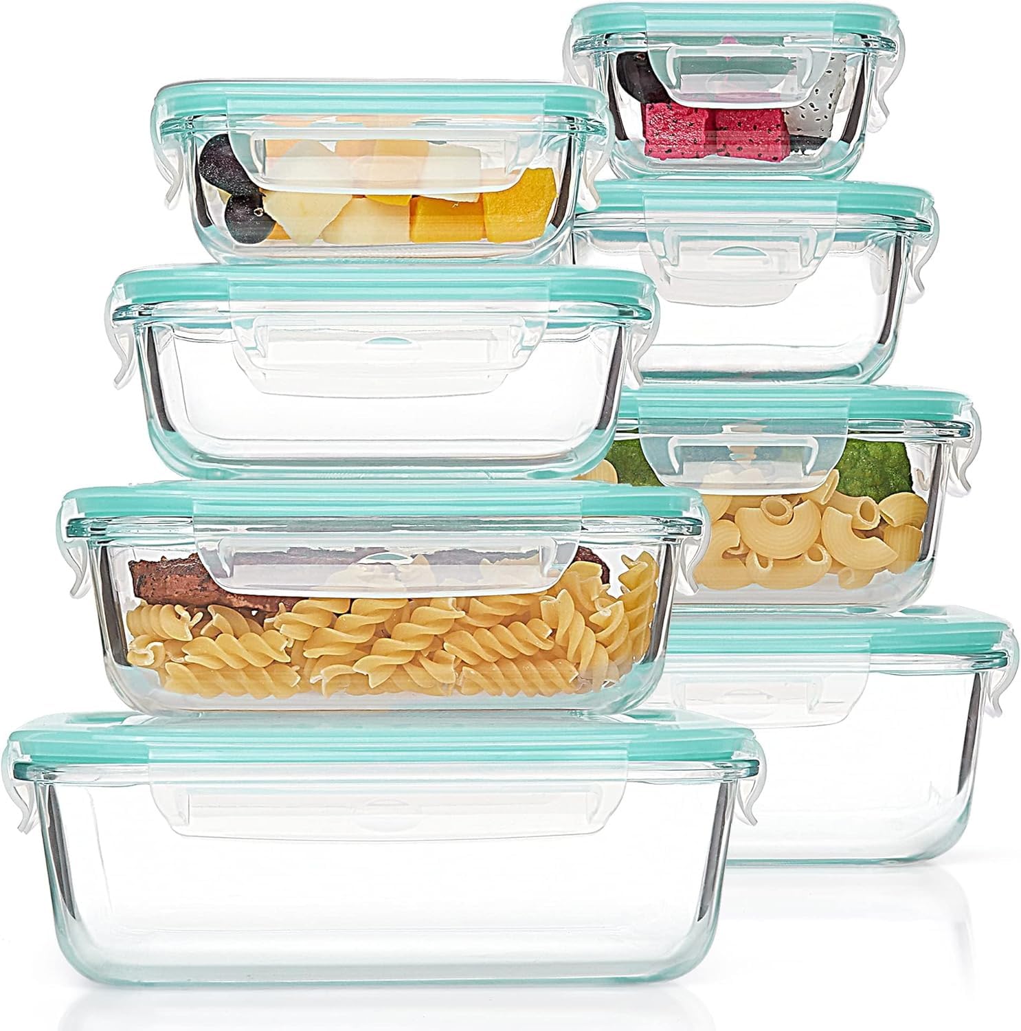 Vtopmart 8 Pack Glass Container Food Storage, Meal Prep Containers, Airtight Lunch Boxes with Leak Proof Locking Lids, for Microwave, Oven, Freezer and Dishwasher, Green