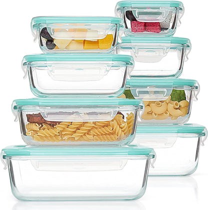 Vtopmart 8 Pack Glass Container Food Storage, Meal Prep Containers, Airtight Lunch Boxes with Leak Proof Locking Lids, for Microwave, Oven, Freezer and Dishwasher, Green