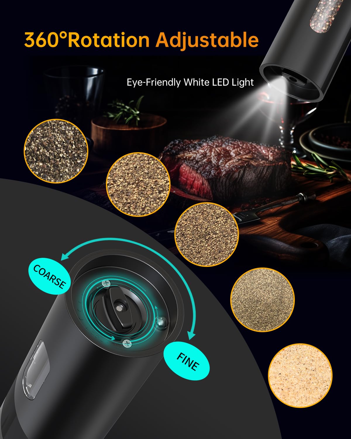 CIRCLE JOY Electric Salt and Pepper Grinder Set with Charging Base, Rechargeable Automatic Pepper Mill Grinder with Adjustable Coarseness, Easy Filling 110ml Large Capacity with Led for Home Kitchen - Available at All In One Marketplace Canada