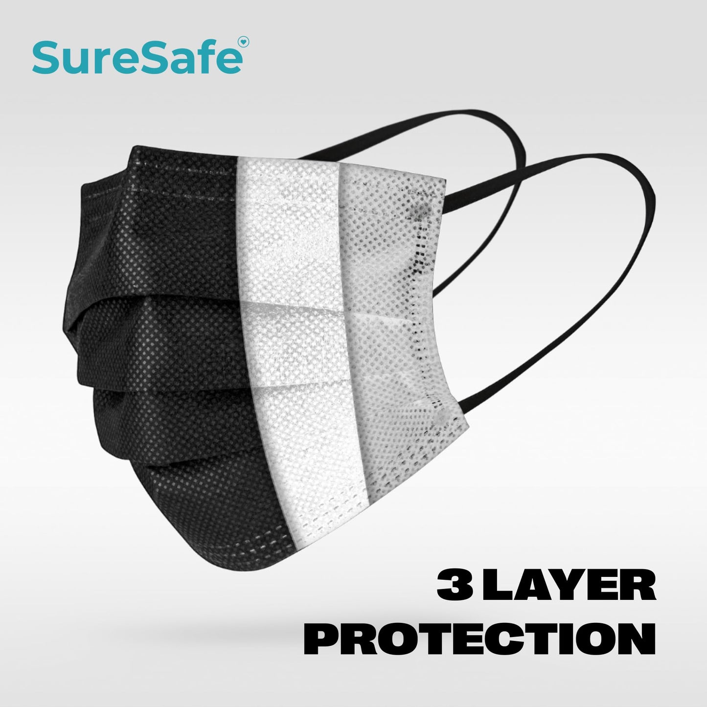 SURESAFE Premium Black Mask - Disposable Face Mask Pack of 100, 3 Ply face mask with Ear Loop, Women and Men Face Mask, High Filtration